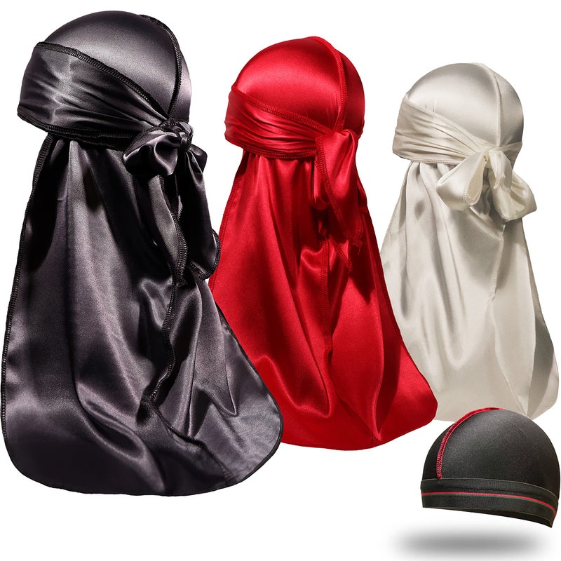ForceWave 3 Pieces Silky Durags and 1 Wave Cap Pack for Men Waves, Moisture-Tech Fabric Satin Du-Rag - Image 1